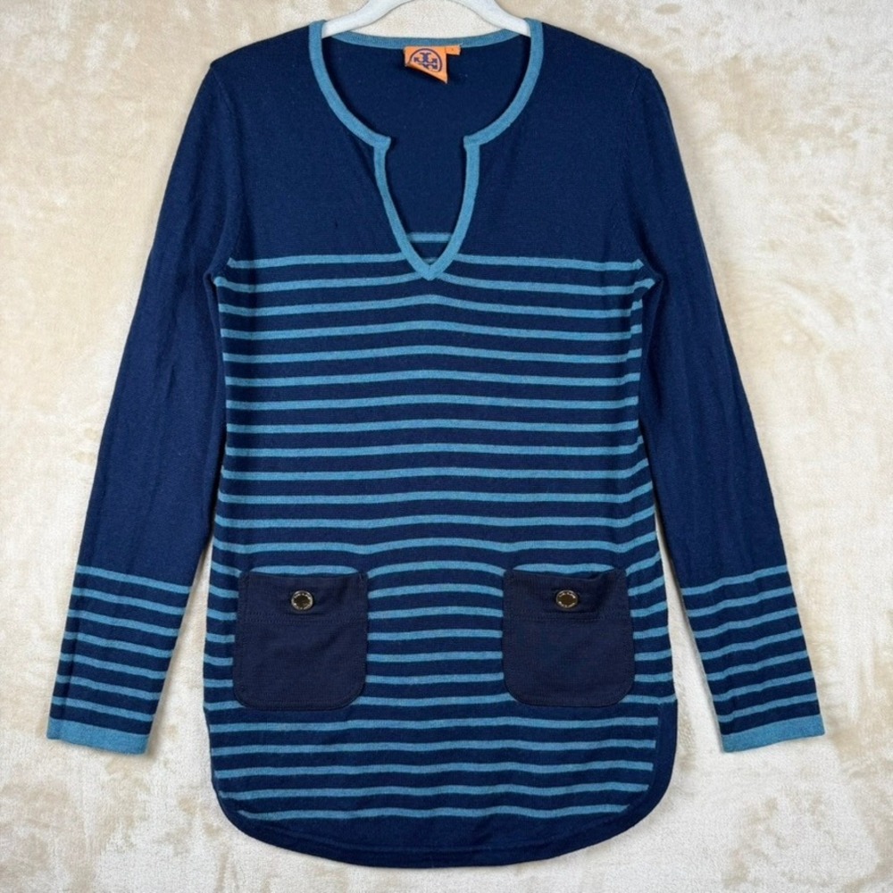 Tory Burch Women Sm Navy Teal Striped Wool Cashmere Tunic Sweater Nautical Fall